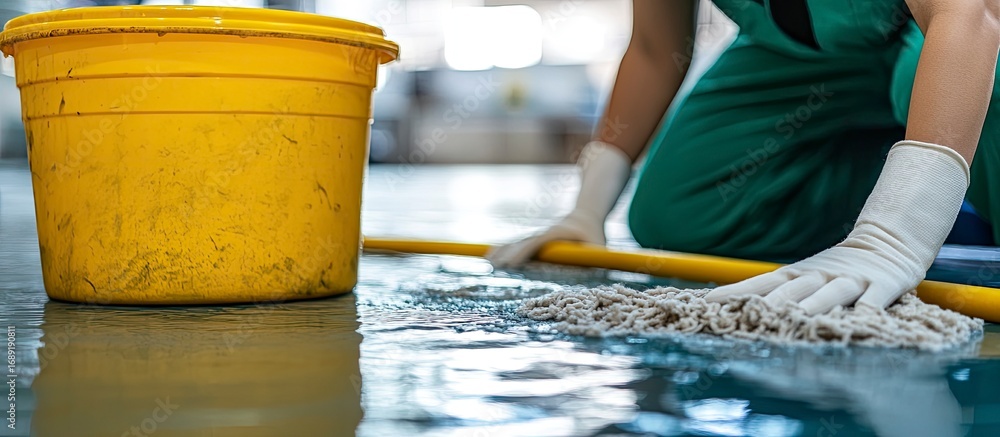 Fototapeta premium Close-up: Worker's Hands Mopping Gleaming Floor, Yellow Bucket, Industrial Setting