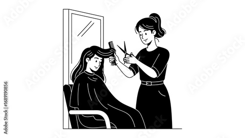 Stylist diligently cuts long dark hair of a seated client in a salon with a mirror reflection