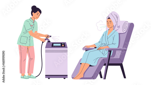 Healthcare professional operates advanced medical equipment for patient undergoing therapeutic treatment in a clinic setting