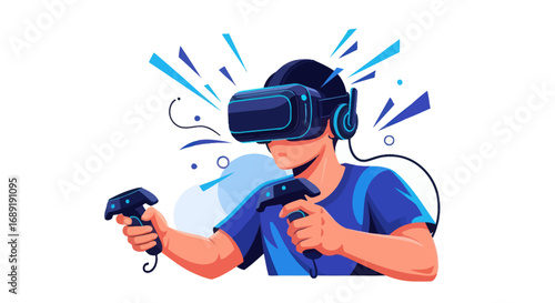 Illustrated person playing virtual reality game with VR headset and controllers.