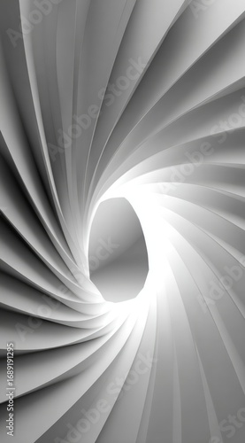 An abstract, monochrome image shows a spiraling pattern of gray blades converging toward a bright, central void, creating a hypnotic, vortex-like effect
