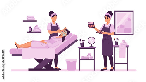 Skilled makeup artist applying cosmetics to a client lying down in a beauty salon