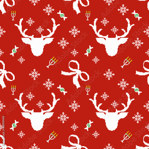Reindeer Pattern Christmas Seamless Vector Design - Holiday Reindeer Pattern Red Background - Festive Reindeer Pattern Winter Snowflake Wrap