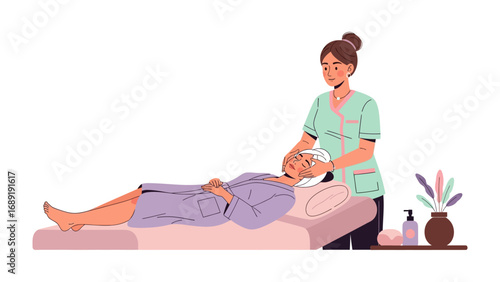 Skilled aesthetician gently performing a facial treatment on a relaxed client in a spa setting