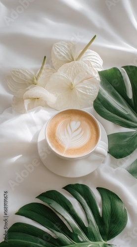 Overhead shot creamy latte in a white cup on crisp white fabric, alongside glossy tropical leaves and delicate white flowers