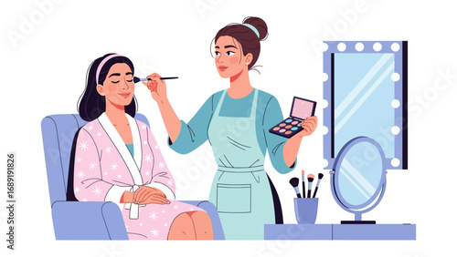 Professional makeup artist applying cosmetic products to a client in a beauty salon setting with mirrors and brushes