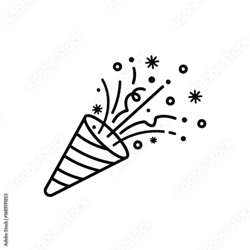 Black and white illustration of a party popper exploding with confetti and streamers.