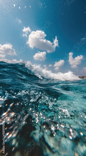 Seascape shimmering water surface, waves cascading under a bright blue sky filled with fluffy white clouds. Close-up capturing dynamic textures and motion