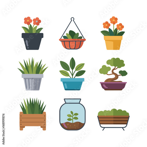 Collection of nine potted houseplants and decorative planters displayed in a grid pattern