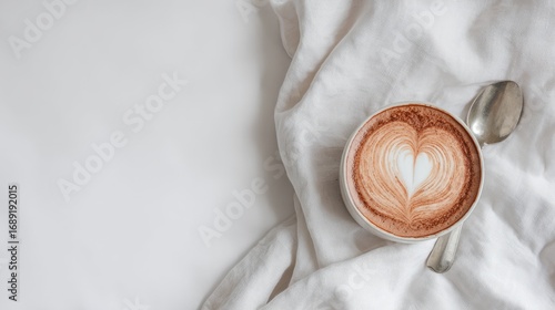 A cup of latte art, heart-shaped, sits on a white crumpled fabric near a spoon. Soft light and airy presentation