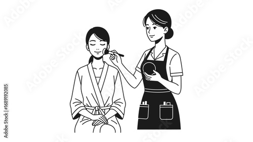Professional makeup artist applying blush to a client s face with a brush in a clean minimalist illustration style
