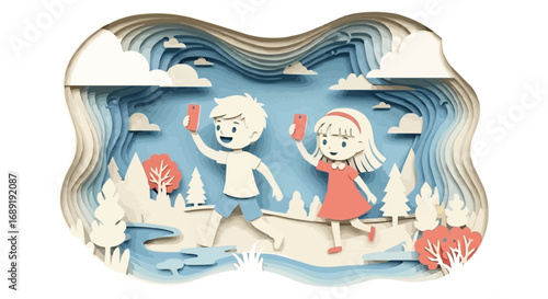 Crafted digital memories of childhood friends exploring a layered paper art landscape with smartphones