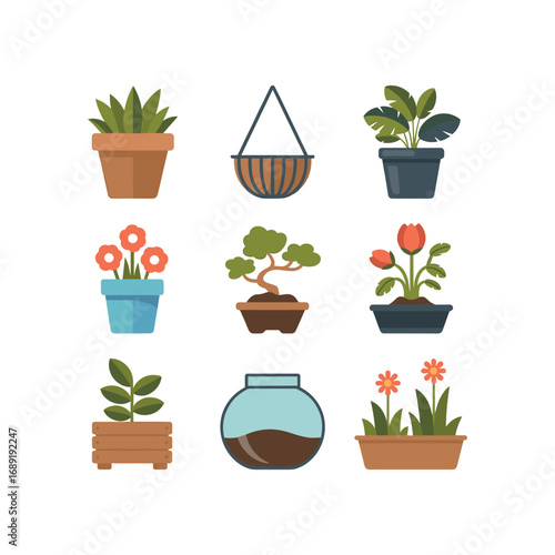 Collection of nine various indoor and outdoor potted plants and planters for home and garden decoration