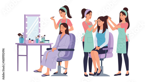 Professional makeup artists applying cosmetics and styling hair for clients in a salon setting