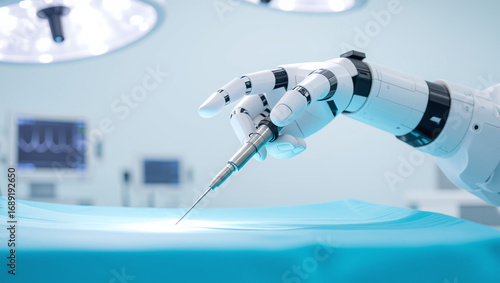 Robot hand holding surgical tool in operating room.