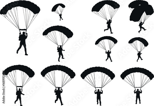 Parachute silhouette, skydiver illustration, man parachuting vector, extreme sport design, parachutist jumping, adventure activity silhouette, flying skydiver icon