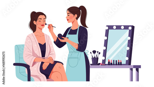 Professional makeup artist applying cosmetics to a client in a brightly lit studio setting