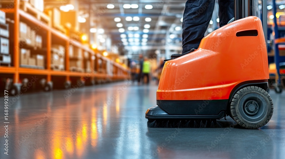 Fototapeta premium Worker Operating Bright Orange Industrial Floor Scrubber on Reflective Warehouse Floor