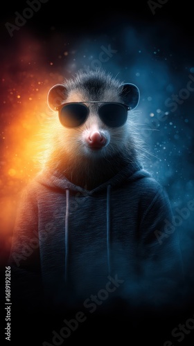 Cool hedgehog wearing sunglasses and a hoodie in an artistic digital setting with vibrant colors