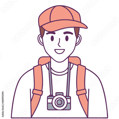 Smiling traveler with backpack and camera happy