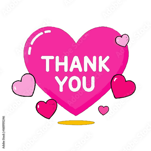 Vector art of pink heart with the text thank you in white letters, surrounded by smaller pink hearts