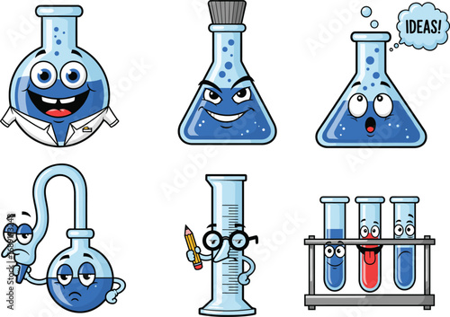 Cartoon chemistry lab glassware vector set, funny science flasks and test tubes with faces, educational characters for kids, experiment concept illustration