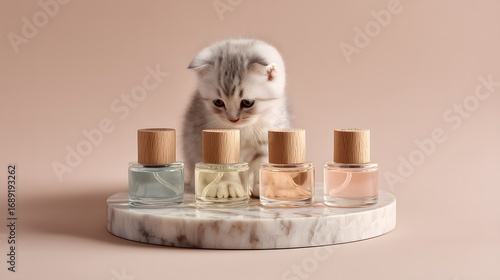 A British shorthair cat sitting next to perfume bottles