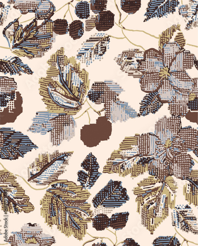 Simple abstract contemporary seamless pattern. Hand-drawn flower and leaf shape textures. Repeatable vibrant boho prints. Vector illustration