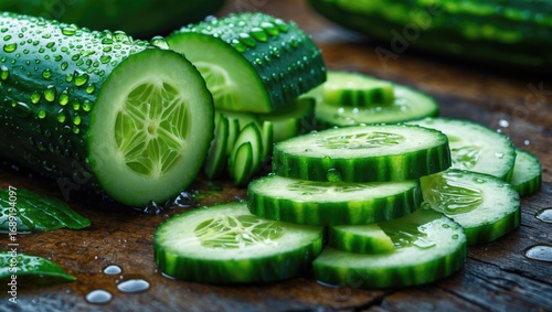 Fresh cucumber with slices and water droplets on a wooden surface. Healthy food and hydration concept. Vegetables and wellness. The concept of freshness and nutrition.