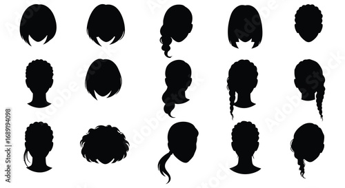 various hairstyles silhouettes displayed in grid formation