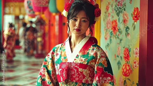 Elegant Portrait of Young Woman in Colorful Traditional Kimono Surrounded by Floral Patterns and Lanterns, Celebrating Asian Culture and Beauty with Graceful Charm