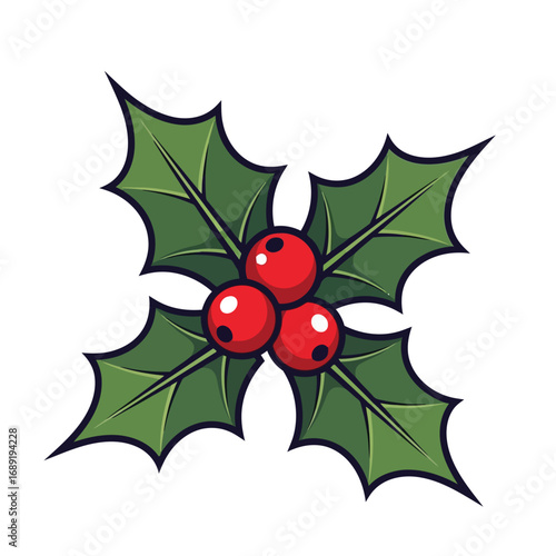 Vibrant illustration of a traditional Christmas holly sprig with three red berries and four green leaves, perfect for holiday designs.