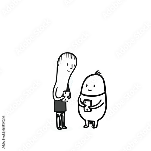 Two quirky hand-drawn characters engrossed in their digital worlds, a minimalist line art illustration about modern social connection and technology
