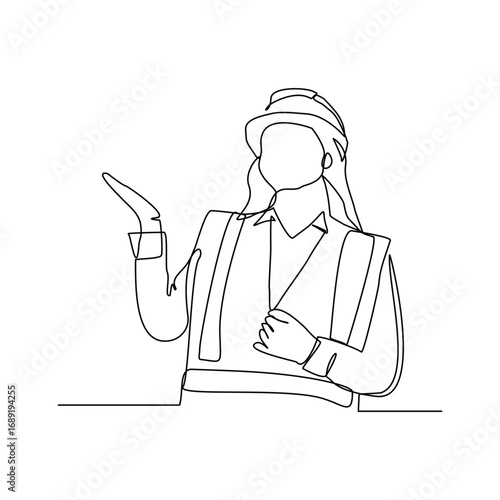 Continuous line building construction worker and engineering woman. Single line drawing art vector illustration of architect or engineer mechanic. Editable stroke