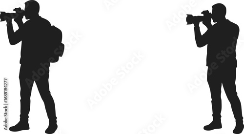 Photographer silhouette with camera, man taking photo, travel photographer vector, professional photography pose, tourist with camera illustration