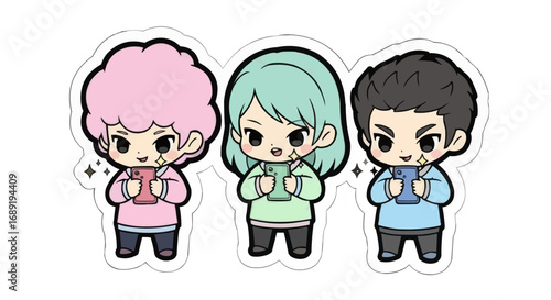 A charming trio of diverse chibi characters with colorful hairstyles, happily engaged with their luminous digital devices