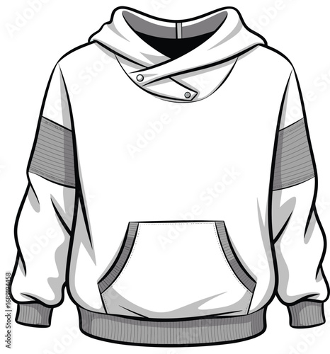 Hooded sweatshirt with crossover collar, kangaroo pocket, ribbed cuffs, fashion flat sketch, casual streetwear hoodie, cad drawing vector illustration