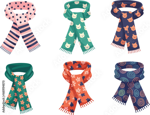 Colorful cartoon scarves collection, winter fashion accessories for kids, patterned wool scarves with cute prints, vector design isolated on white background.