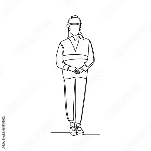 Continuous line building construction worker and engineering woman. Single line drawing art vector illustration of architect or engineer mechanic. Editable stroke