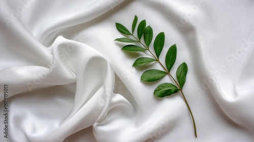A bright, fresh green leaf lies atop crumpled, glossy white fabric. The silky material flows and folds, creating soft shadows and highlights