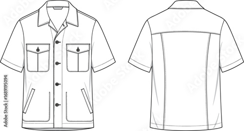 Men’s short sleeve shirt CAD drawing, front and back technical sketch, casual wear flat vector fashion illustration design