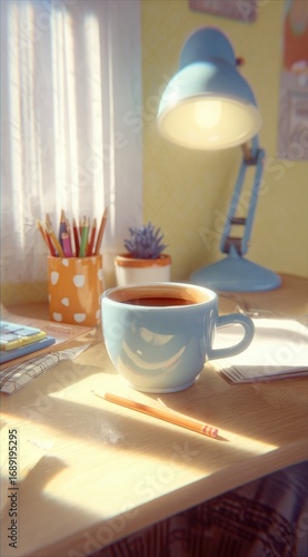 Sunny workspace with a blue mug, pencil, and desk lamp beside colorful pencils and small plant, soft light shining through window