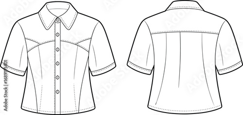 Short sleeve button-up shirt vector, front and back technical flat sketch, fashion design template, casual summer top illustration