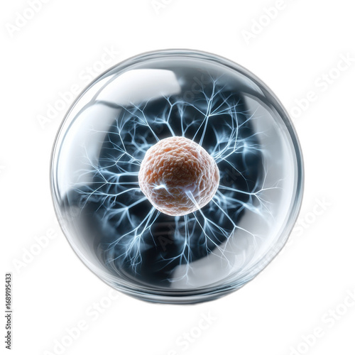 Biological Sphere With Energy Strands and Detailed Nucleus, Isolated Background