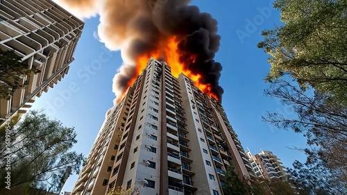 Dramatic Urban Emergency Tall Building Engulfed in Flames and Thick Black Smoke Billowing into Sky, Capturing Intensity of Fire Disaster Amidst Residential Architecture and Surrounding Trees