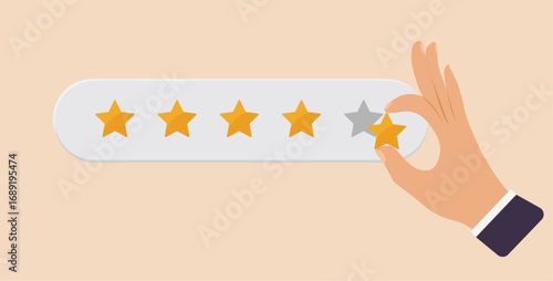 Customer hand give rating 5 stars. Vector illustration of review rating and feedback