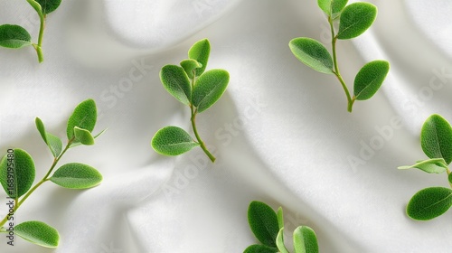 Green leafy sprigs lay on softly folded white satin fabric, creating a fresh and elegant botanical pattern
