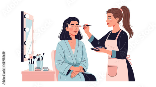 Professional makeup artist applying cosmetics to a client sitting in a chair in a well lit beauty studio