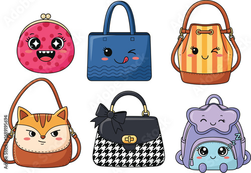 Cute cartoon handbags and backpacks with fun faces, playful fashion accessories, colorful designer bags, vector illustrations for kids, trendy style, and unique purse designs.