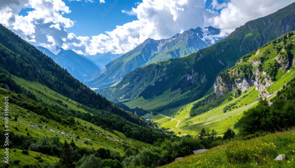 Fototapeta premium A panoramic view of a vast, verdant valley surrounded by towering, snow-capped mountains under a dramatic, cloudy sky.